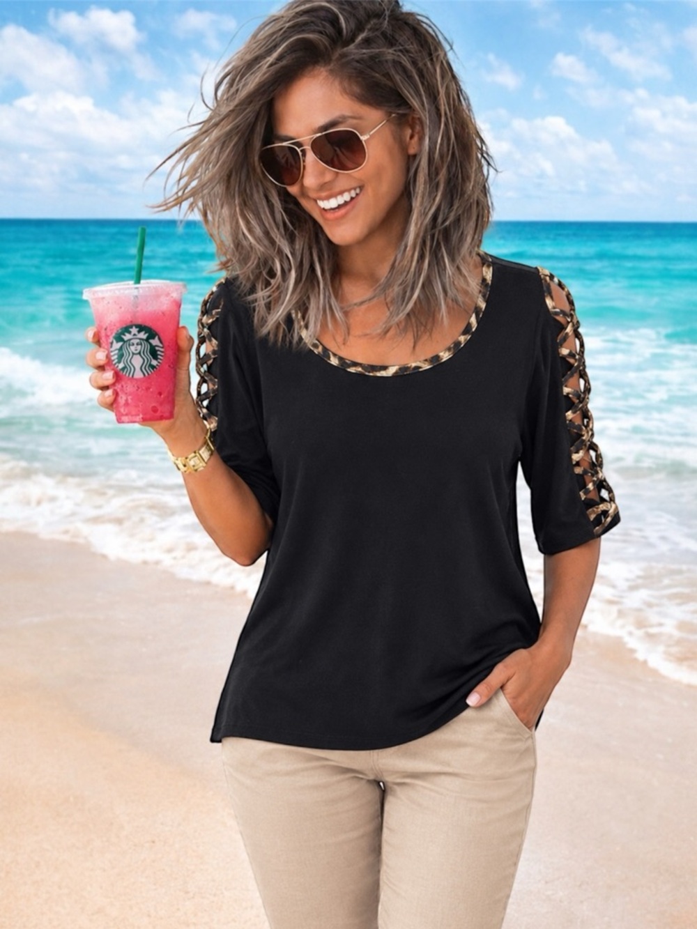 89th & Madison Black Lattice Sleeve Leopard Trim Cutouts Top Size S Mobwife